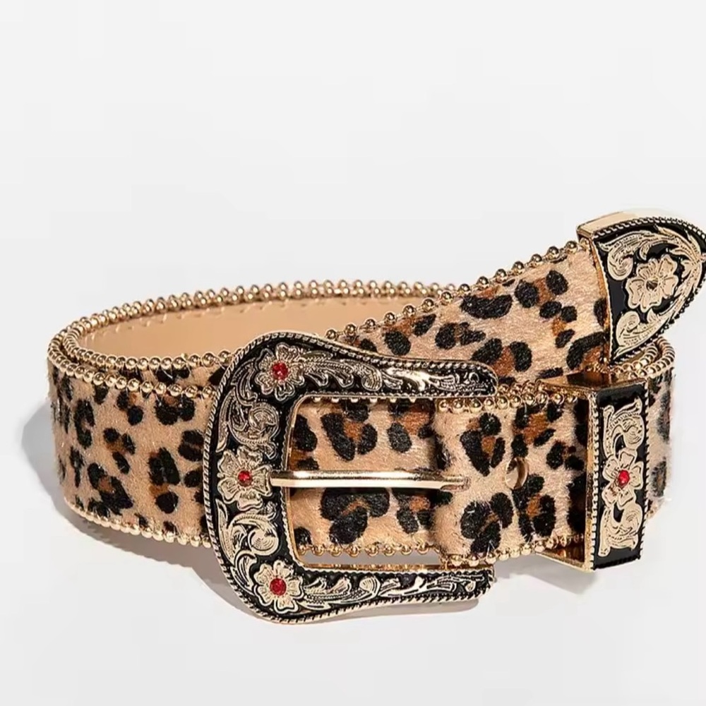 Leopard Print Belt with Ornate Buckle